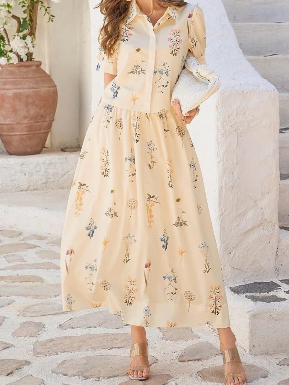 Light Cream Floral Button-Front Maxi skirt set M